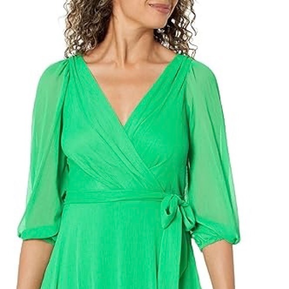 DKNY Dress Chiffon Faux-Wrap VNeck Balloon Slv Bright Apple Green Sz 16 - Picture 2 of 13
